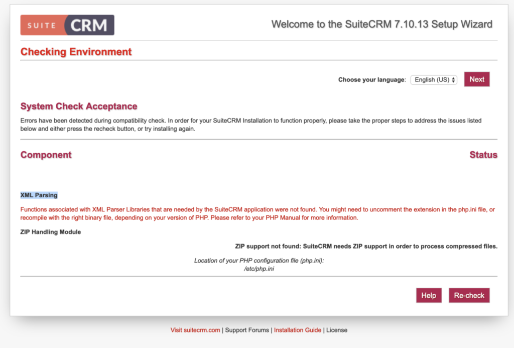 SuiteCRM7.10.13　phpコンポーネントチェックXML ㈱こころみらい